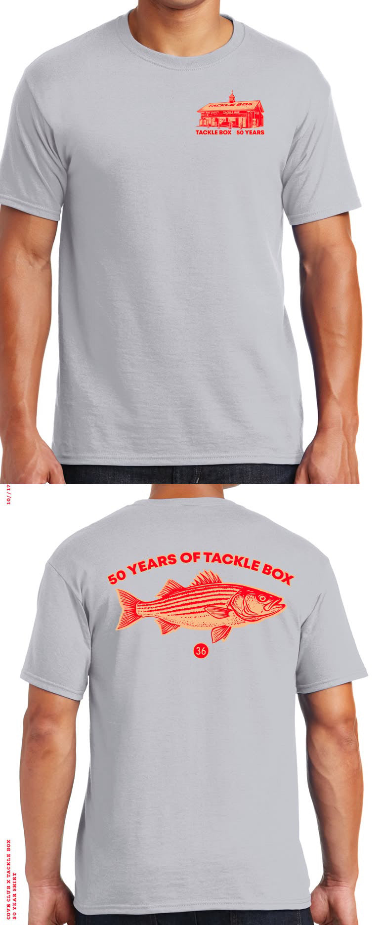 50th Anniversary Tee! Designed by our friends at THE COVE CLUB! Grey shirt with hand drawn 2 color shop on the chest and of course a Striped Bass on the back! Celebrate 50 amazing years with us! Available Oct. 17th! Pre order now!